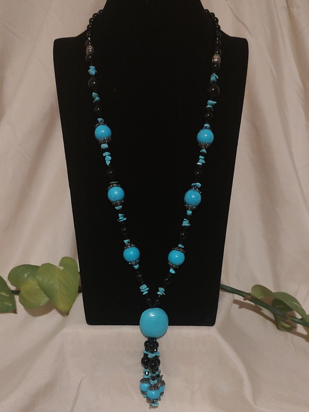 Blue Stone Beaded Tassel Necklace